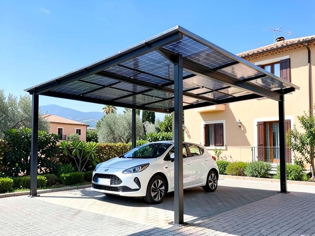 Black steel solar carport covering two cars on a villa driveway in Marbella