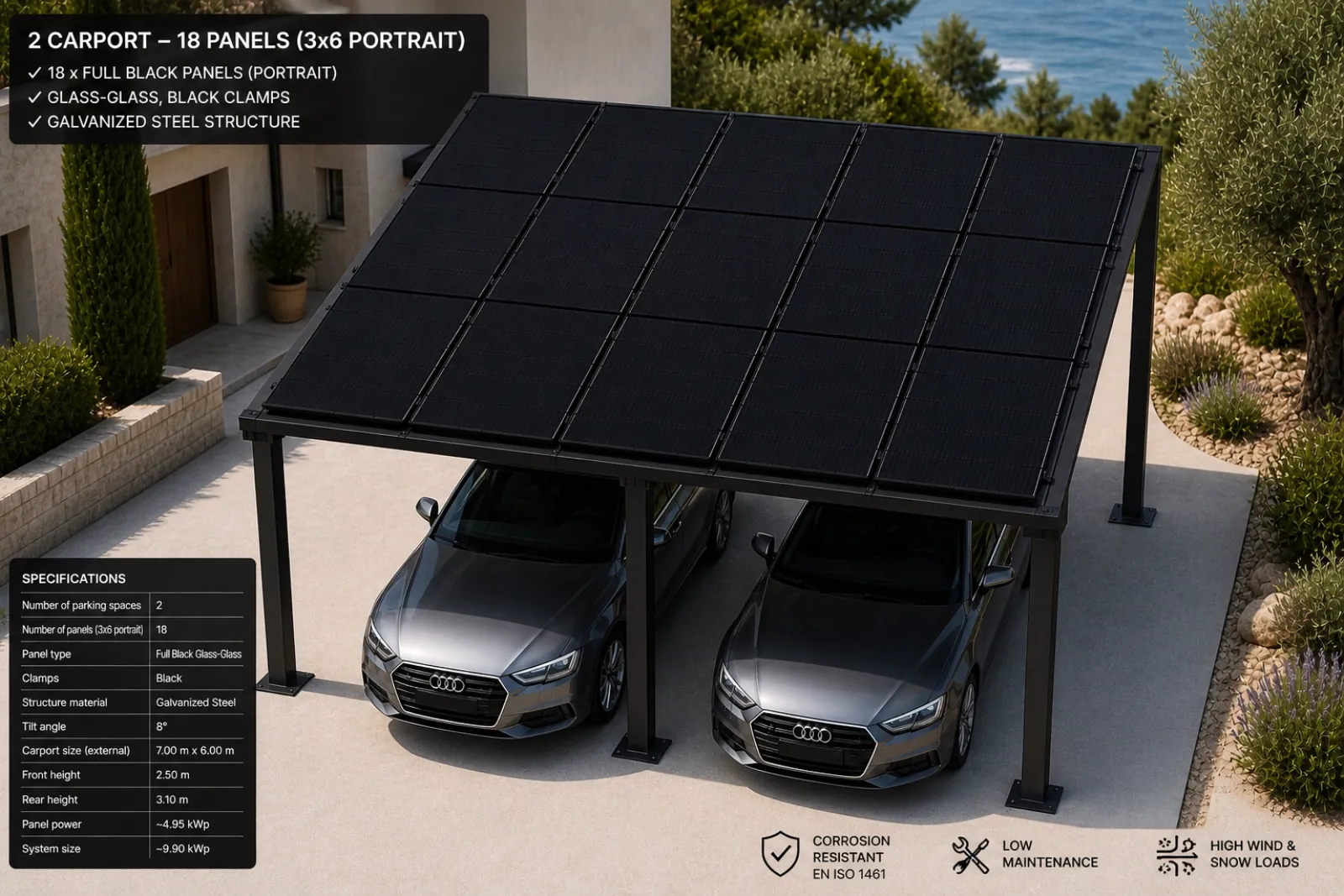 Solar overkapping voor twee auto's naast een villa aan de Costa del Sol