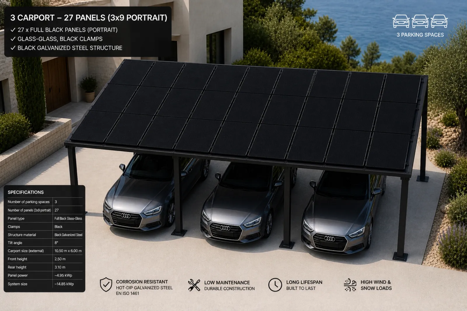 Zwarte solar overkapping boven drie parkeerplaatsen in Málaga