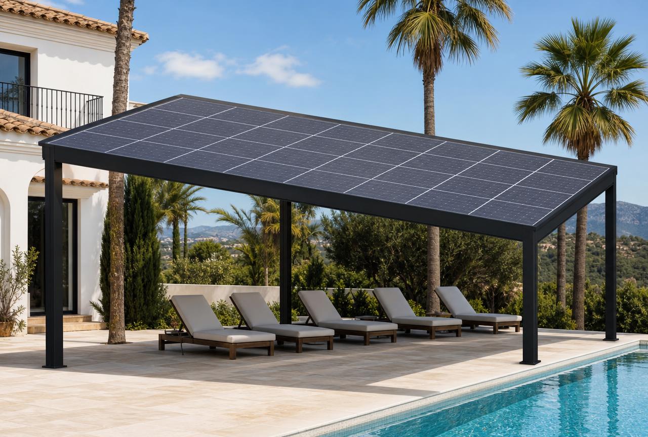 Full-black zonnepergola naast het zwembad van een villa in Estepona, Costa del Sol