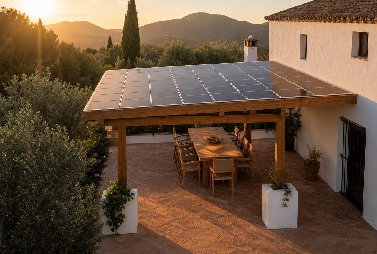 Houten zonnepergola met zonnepanelen boven een buitentafel bij een landhuis vlak bij Málaga