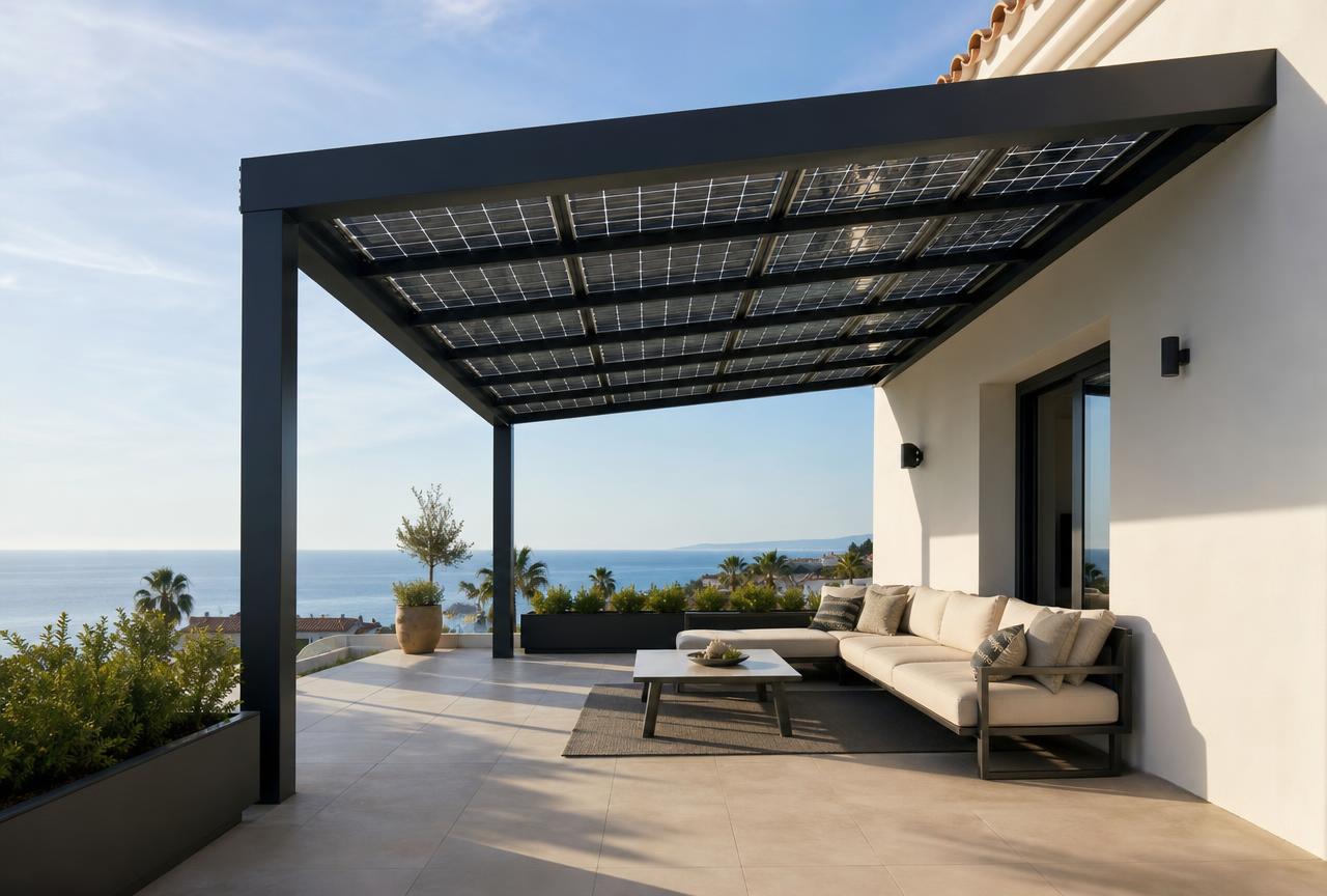 Antracietkleurige aluminium zonnepergola met glas-glas panelen boven een villaterras in Marbella