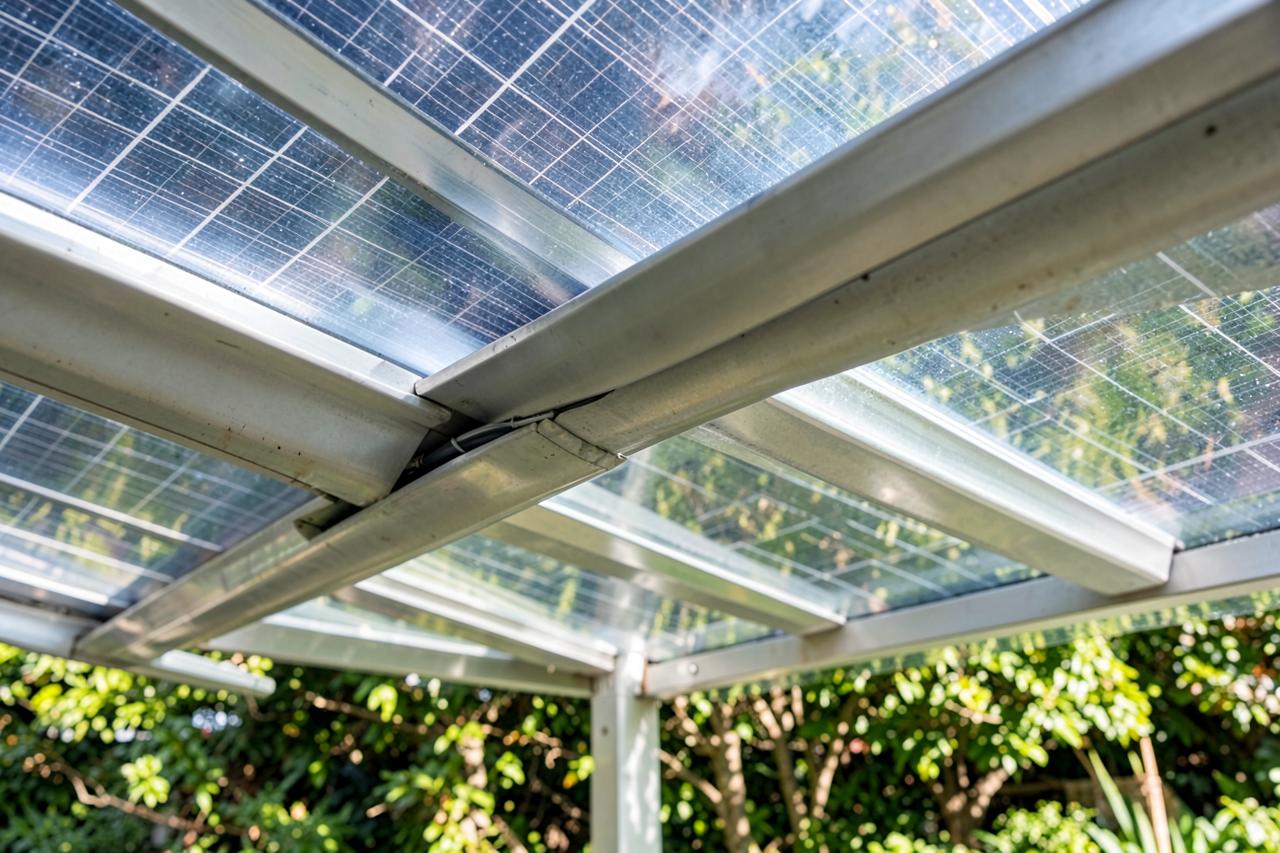 Detail van een aluminium zonnepergola met geïntegreerde goot en weggewerkte bekabeling