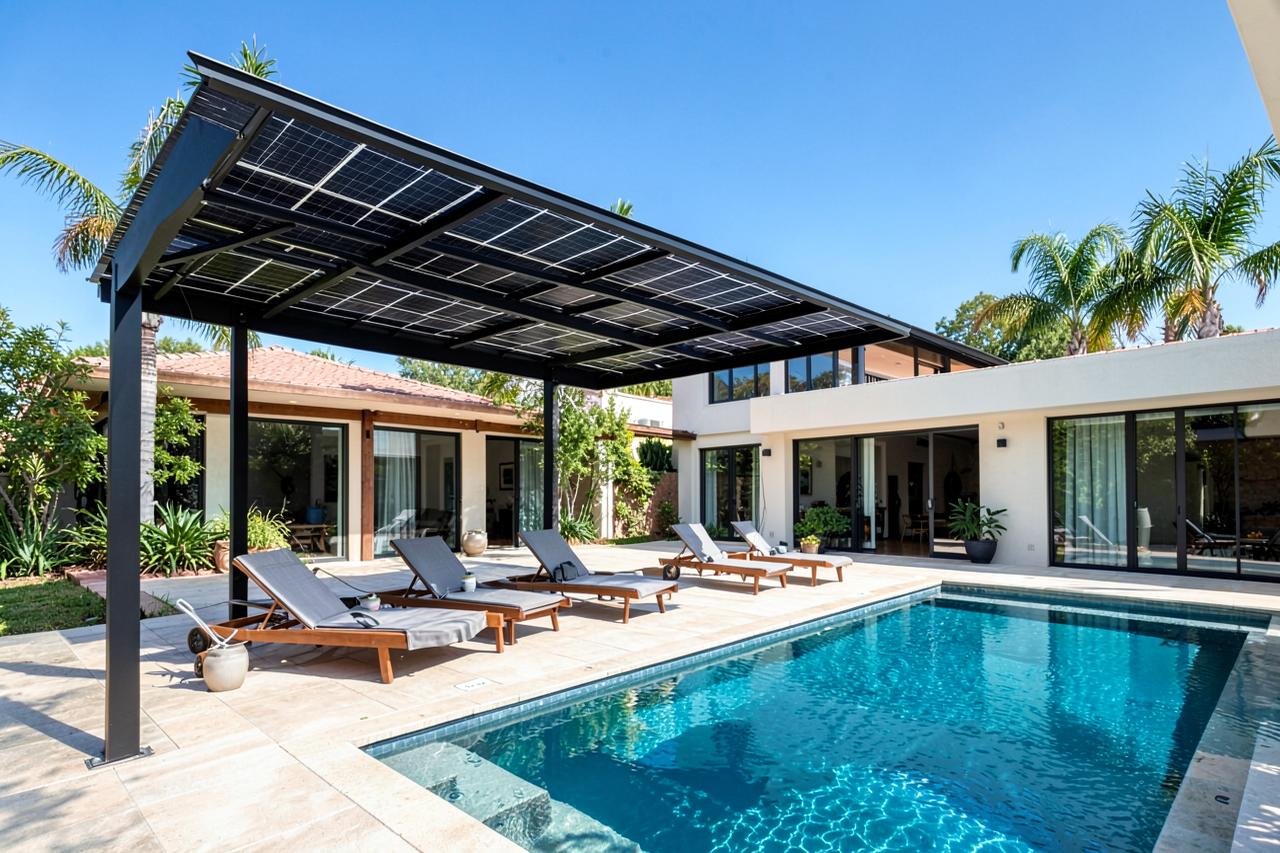 Zonnepergola met full-black panelen naast een zwembad aan de Costa del Sol