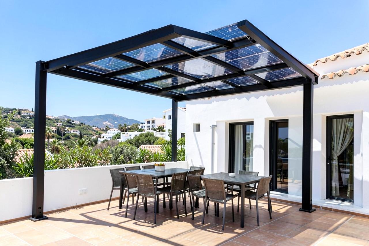 Zwarte aluminium zonnepergola met glas-glas panelen boven een terras in Málaga